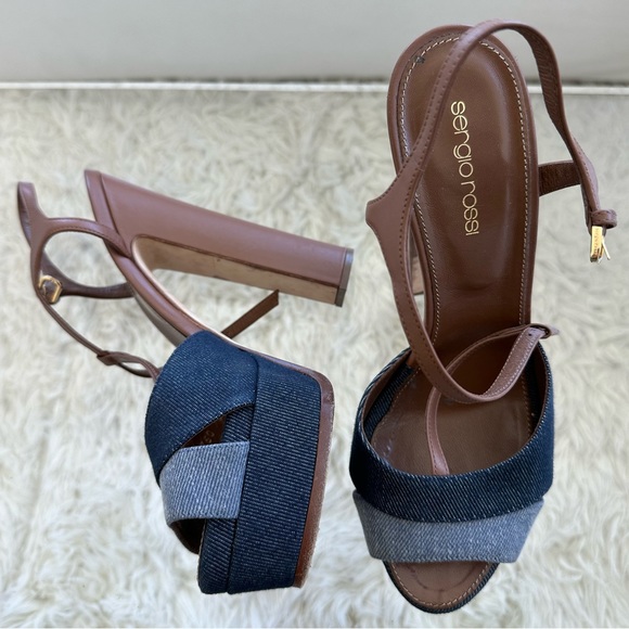 SERGIO ROSSI Denim Colorblock T-Strap Sandals SIZE 39 - Picture 1 of 3